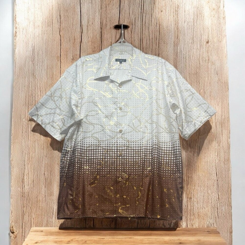 Pronti Collection By Phita Gold Chain Design Button Up Mens Size 3XL Polyester